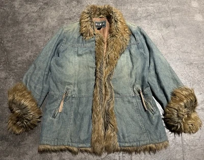 VTG Y2K Denim Fur Lined Penny Lane Mid Length Jacket Boho Chic XL Oversized Glam - Image 1 of 4