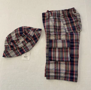Hanna Andersson All Out Red Plaid Cargo Short Bucket Hat 130 M L EUC NWT - Picture 1 of 3