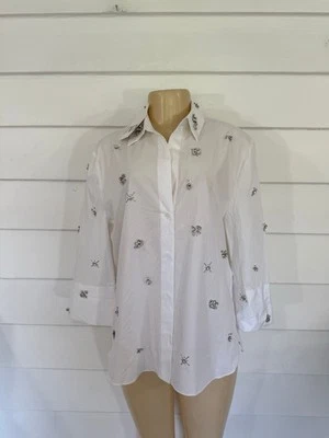 NUEVO CON ETIQUETAS CAMISA ZARA JEWEL POPELINA Blusa Cuello Botón ESTRÁS Blanco L B1928 LEER* Foto 1 de 4