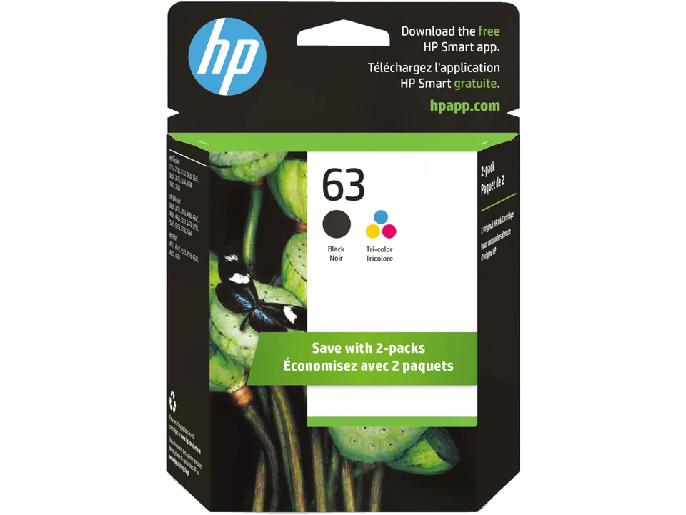 Paquete de 2 cartuchos de tinta originales HP 63 negros/tricolores, ~170 páginas, L0R46AN#140 Foto 1 de 4