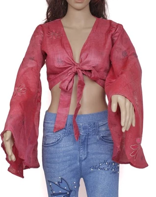 Sushila Vintage NEW Bohemian Bell Sleeve Recycled Silk Saree Top 70,s Retro Pink - Image 1 of 4