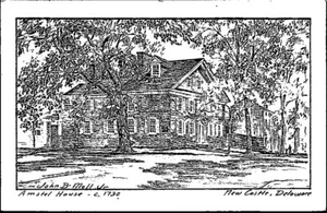 Postal de John B. Moll Jr AMSTEL HOUSE New Castle, Delaware FIRMADA POR ARTISTA - Imagen 1 de 2