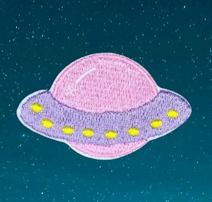 PINK ALIEN UFO SPACESHIP PLANET OUTER SPACE COSMOS ART IRON ON PATCH 1.25" X 2" - Picture 1 of 6