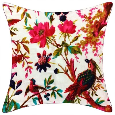 Indian Handmade Bird Print Velvet Cushion Cover Decor Sofa Pillow Case 4 pcs set - Image 1 of 2