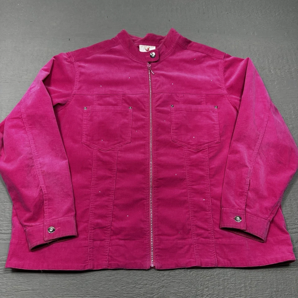 Quacker Factory Jacket Womens 2X Pink Micro Corduroy Full Zip Rhinestone * - Image 1 of 4