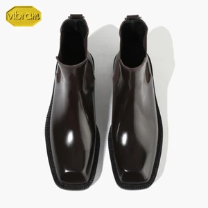 Firenze Atelier Mens Polished BROWN Leather Square Toe Chelsea Boots Vibram Sole - Picture 1 of 13