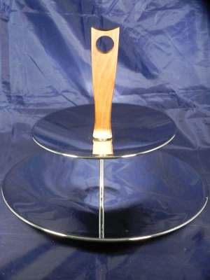 Vintage MCM Kromex 2 Tier Teak Wooden Handle Tidbit Dessert Serving Tray Chrome - Image 1 of 4