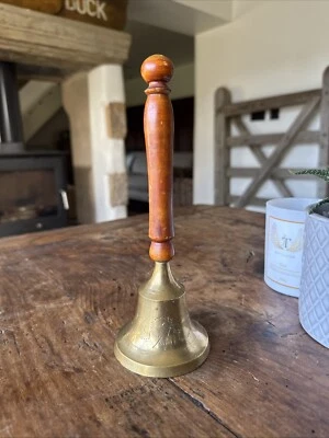 Vintage Brass Hand Bell School Church With Wooden Handle And Etched Detail - Image 1 of 4