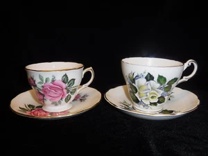 2 different Bone China TEA CUPS & SAUCERS Roses & Gold Trim, Ridgway & Regency - Picture 1 of 5