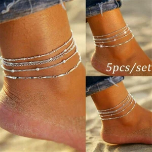 5pcs/set 925 Silver Ankle Bracelet Foot Chain Women Beach Anklet Jewelry Gift - Picture 1 of 7