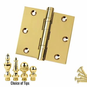 Door Hinge 3.5 x 3.5 Solid Brass Ball Bearing Polished Brass with Tips - Picture 1 of 11