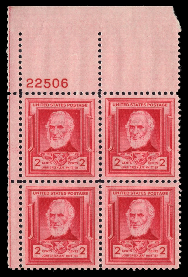 US Scott # 865, John Greenleaf Whittier, Plate Block of (4) 1939 2¢ Stamps, MNH - Image 1 of 1