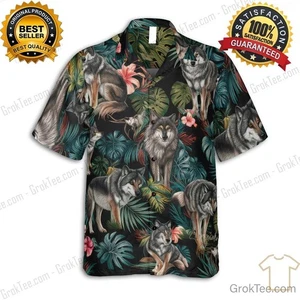 Camicia hawaiana lupo, stampa animalier giungla tropicale per uomo donna, festival spiaggia - Foto 1 di 7