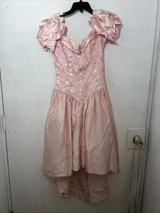 Vintage 80s Paris Sports Club Pink Lace Bow Satin Cocktail Prom Dress - Picture 1 of 5
