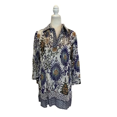 Harold's Women's Med V Neck Top Blouse Pullover Tunic Sequin White Blue Floral Foto 1 de 4