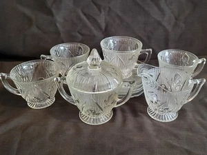 Vintage Jeannette Glass Iris &Herringbone Footed Sugar/Creamer/Cup/Saucer Set - Picture 1 of 23