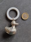 Vintage Silver Plated (I Think) Duck Baby Rattle /  Plastic Teething Ring 1940s.
