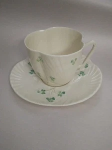 Belleek Teacup Saucer Harp Shamrock Shell Porcelain 6th Mark Ireland Delicate - Picture 1 of 12