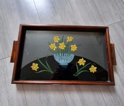 Reverse Hand Painted Wood & Glass Serving Tray Daffodils In Bowl Vintage 52x32cm - Image 1 of 4