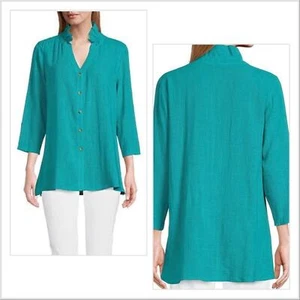 Multiples 3/4 Sleeve Button Front Stand Collar Y-Neck 100% Cotton Gauze Shirt PS - Picture 1 of 12