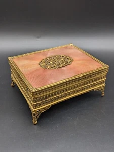 Gold Metal Jewelry Trinket Box Filagree Footed Victorian Pink Lid Velvet Lined - Picture 1 of 8