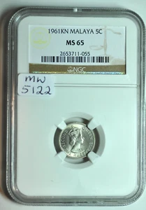 mw5122 Malaya; 5 Cents 1961 KN  King Norton Mint   Elizabeth II   NGC MS65  KM#1 - Picture 1 of 3
