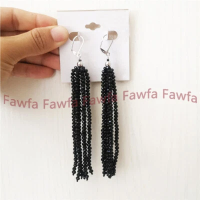 Pendientes colgantes de plata facetados de 3 mm redondos de espinela negra gemas con cuentas borlas Foto 1 de 4