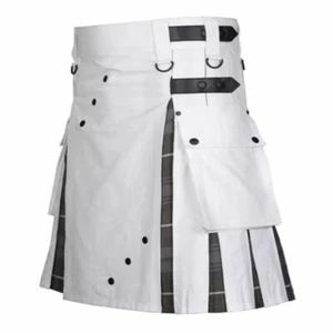 Men's White Hybrid Utility Scottish Leather strap Kilt Tartan Inner Pleats Kilts - Picture 1 of 11