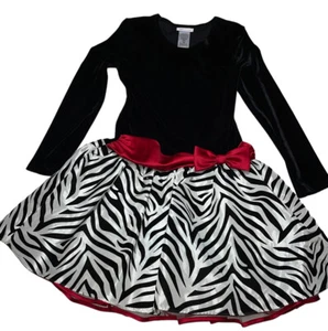 Bonnie Jean Holiday Dress Girls 14 black Velvet Top Zebra Print Bottom Red Bow - Picture 1 of 7