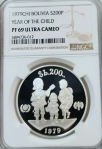 1979 BOLIVIA SILVER 200 PESOS YEAR OF THE CHILD NGC PF 69 ULTRA CAMEO RARE - Picture 1 of 3