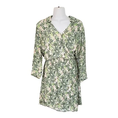 CAbi Leaf Print 3/4 Sleeve V-Neck Collar Faux Wrap Womens Mini Dress Green Small - Image 1 of 4
