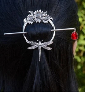 Alloy Silver Dragonfly Sunflower hair pin - Picture 1 of 1