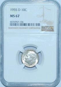 1955 D NGC MS67 Roosevelt Silver Dime - Picture 1 of 2