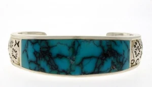High Grade Natural Cloud Mountain Inlaid Turquoise Bracelet By Julius Burbank - Picture 1 of 5