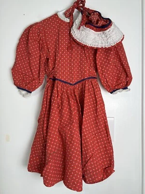 Vintage 80s Floral Red Girl Dress Lace Collar Matching Bonnet Cottage Prairie - Image 1 of 4