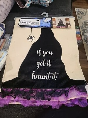Halloween Table Runner Witches Hat Spider If You got it Haunt It Tulle Lace Trim - Image 1 of 4