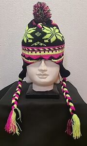 Knit Winter Ski Hat Lined Aviator Size Youth Neon Yellow & Neon Pink Brand XO