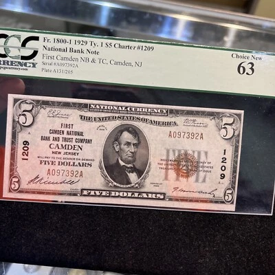 1929 Ty.1 First Camden NB & Trust Co., New Jersey $5  PCGS 63 FR 1800-1 - Image 1 of 4