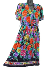 ViNTAGE 80s FLORAL EXPLOSiON COTTAGECORE SECRETARY ACCORDiON PLEAT MiDi DRESS L - Picture 1 of 13