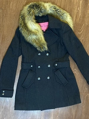 Chaquetón Betsey Johnson Mujer Pequeño Gris Doble Pecho Imitación Piel Forro Leopardo Foto 1 de 4