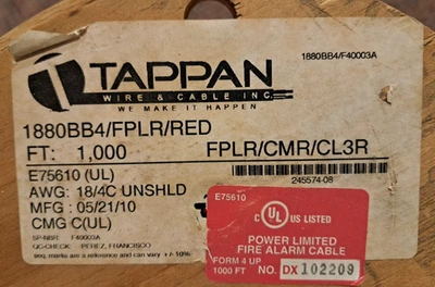 Cable de alarma contra incendios Tappan de carrete de 1000 pies 1880BB4 18/4C sin blindaje FPLR/CMR/CL3R ¡NUEVO! Foto 1 de 4