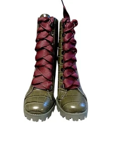 Schutz Olive Green Croc-Embossed Lace-Up Block Heel Boots W/ Burgundy Laces - 5 - Picture 1 of 9