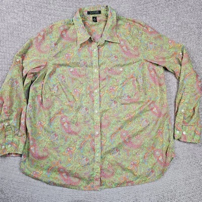 Ralph Lauren Plus Size 1X Green Paisley Colorful Button Down Shirt Cotton Preppy - Image 1 of 4