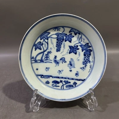 Plato de gallo de porcelana azul y blanco pintura a mano de arte coleccionable Foto 1 de 4