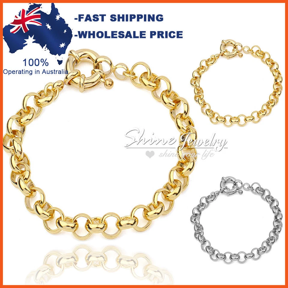 9K GOLD FILLED SAFE BOLT RINGS CHAIN HEART WOMENS SOLID BELCHER BRACELET BANGLE Foto 1 de 1