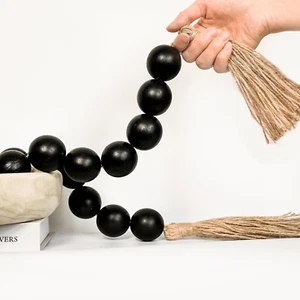 Black Extra Large Wood Bead Garland with 1.6" Diameter Wooden Beads, 41" Long Wo - Picture 1 of 12