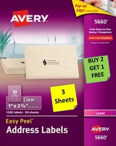 [3 Blatt] Avery 15660/5660/5630 Matt Klar Adressetiketten 1 x 2 5/8 LASER B2G1 - Bild 1 von 1