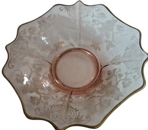 Vintage Pink Depression Glass Etched Lace Pattern Gold Ruffle Trim 13.5" Bowl - Picture 1 of 4