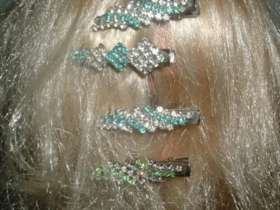 4件老式维多利亚绿色和白色水钻银鸭比尔发夹1.5 — 第 1/4 张图片