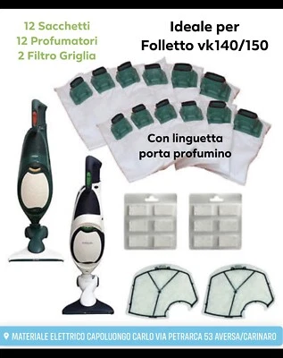 SACCHETTI FOLLETTO VK 140 VK 150 12PZ +12 PROFUMI +2 FILTRO MOTORE SACCHI FILTRI - Immagine 1 di 2